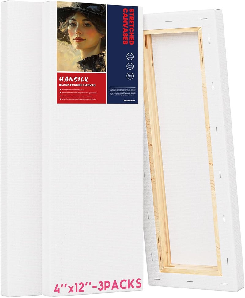 HANSILK Art Supplies Stretched Canvas for Painting 4×12 Inch，3 Pack Primed Acid Free Cotton Canvases Thickened Blank Canvas Panels for Painting, Acrylic Pouring, Oil Paint - Image 1